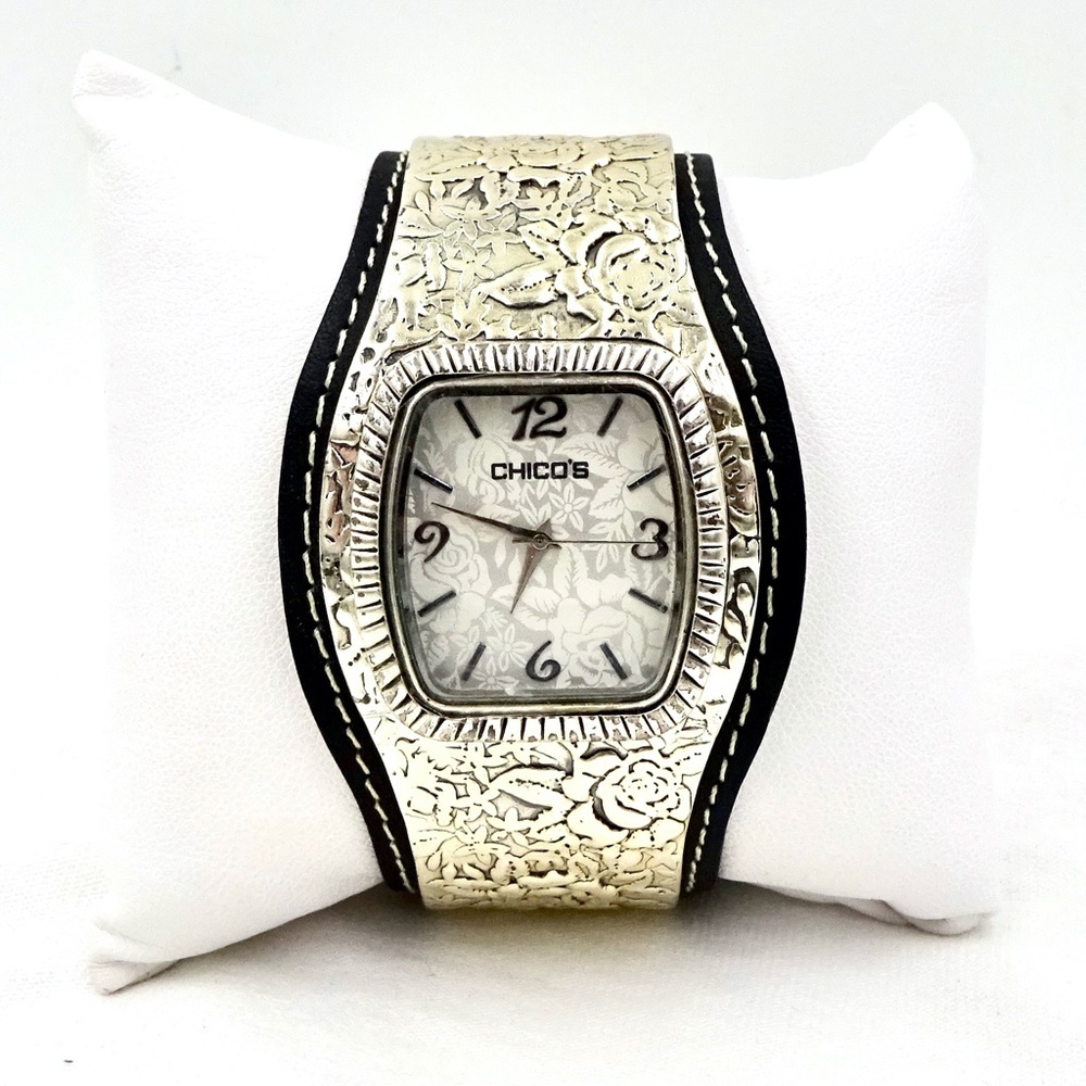 CHICO'S SILVER FLORAL CUFF BRACELET QUARTZ WATCH